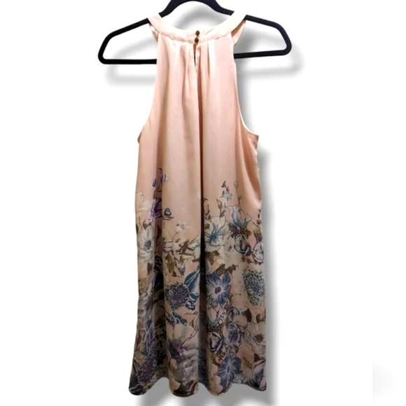 Forever 21 Women's Blush Pink Ivory Blue Floral Halter Neck Mini Shift Dress- M - Picture 4 of 9